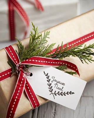Paquet cadeau etiquette joyeux de noel avec branche de sapin et ruban rouge